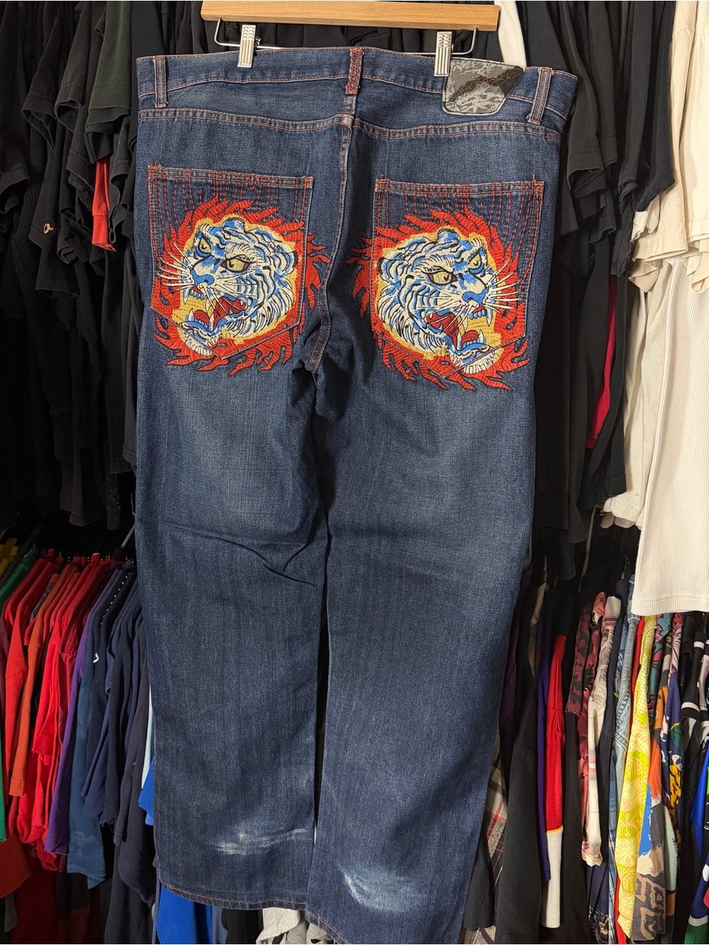 Ed Hardy Tiger Jeans Men’s 40x32 Dark Wash Embroidered Vintage Y2K Baggy Fit 00s